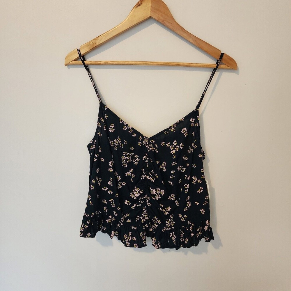 Abound Crop Tank Top Women's Size S Rouge Front Navy Pink Moxie Floral V Neck